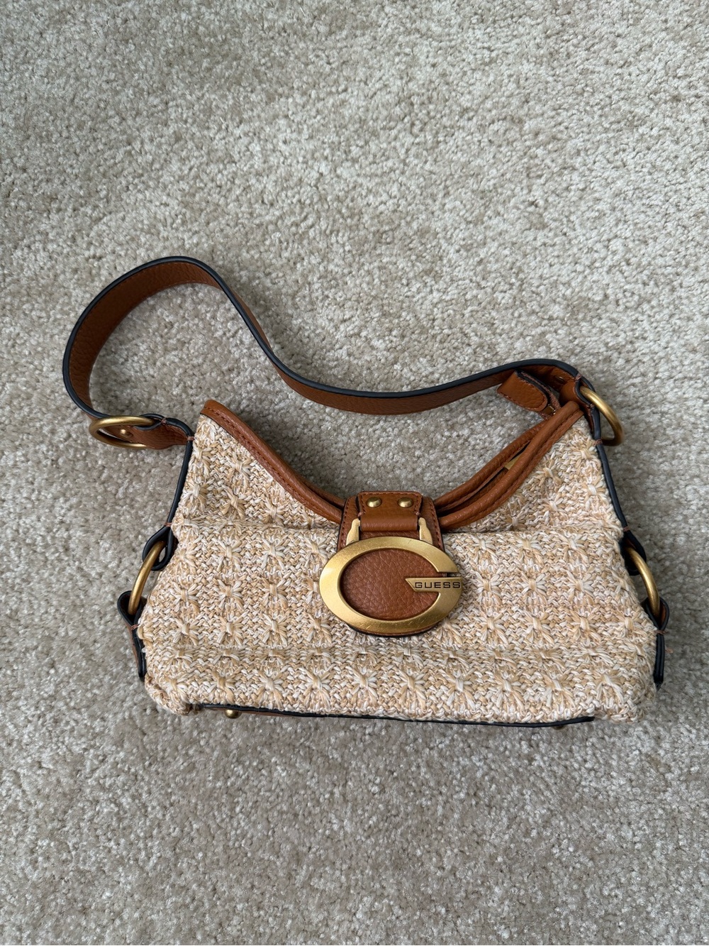 Guess Beige Tweed Shoulder Bag with Brown Trim